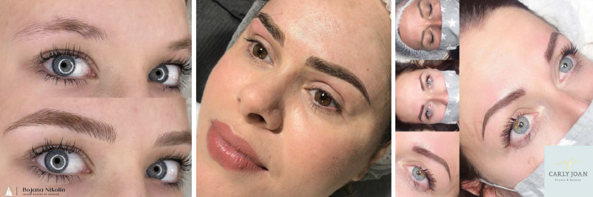 Griglia che mostra i risultati di microblading usando le tonalità di pigmento Brown 1 su sopracciglia di 3 donne