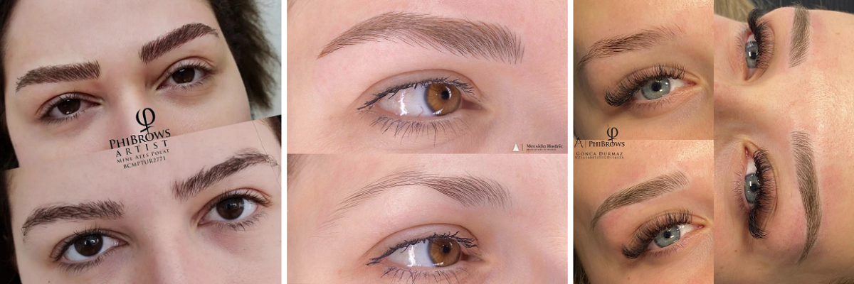 Cuadrícula mostrando resultados de microblading usando Pigmento Brown 2 en cejas en 3 mujeres