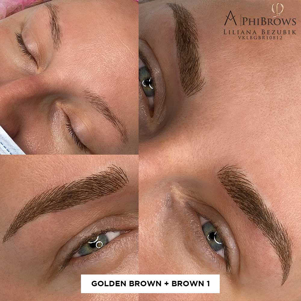 Cuadrícula mostrando resultados de microblading usando tonos de Pigmento Brown 1 en cejas en 3 mujeres