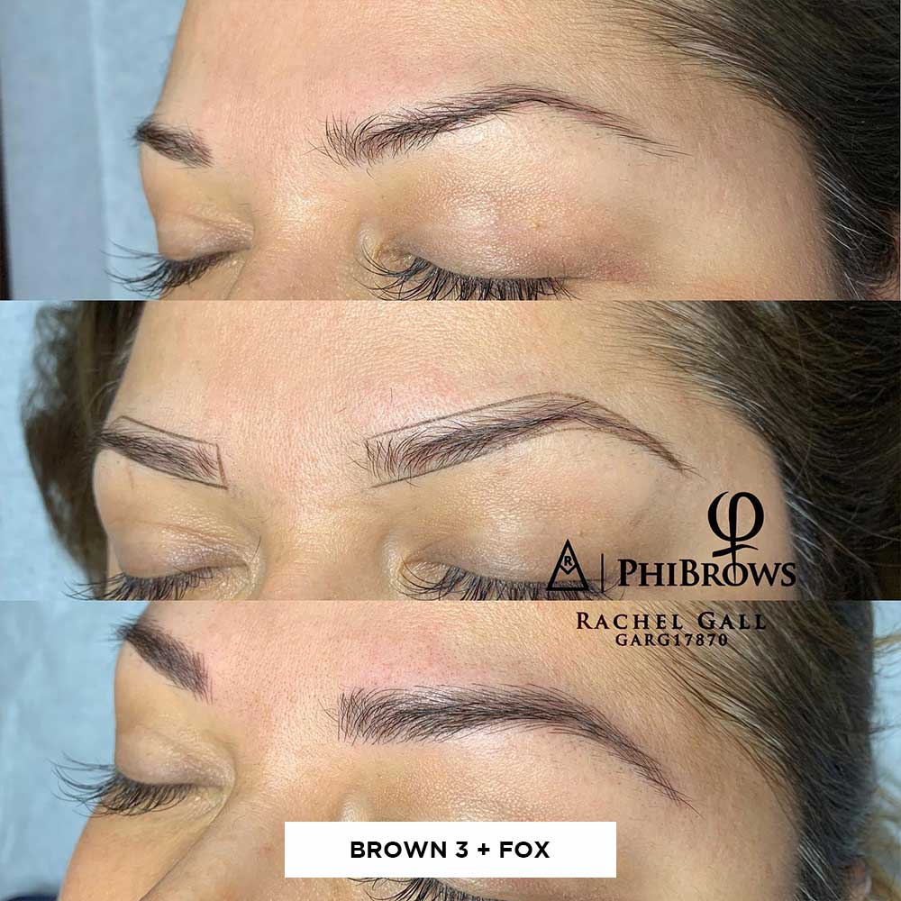 Cuadrícula mostrando antes y después de resultados de microblading de mezclar Brown 3 y Fox