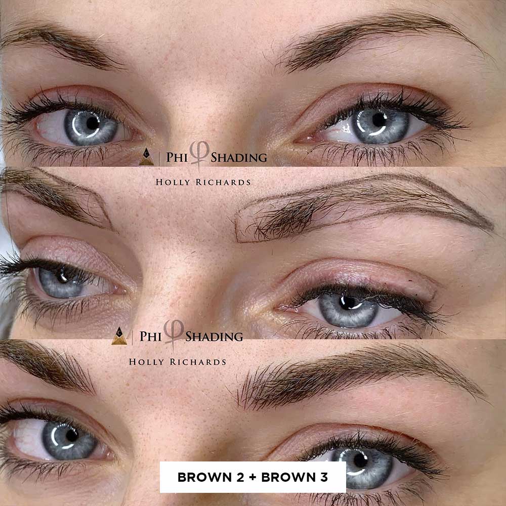 Cuadrícula mostrando antes y después de resultados de microblading de mezclar Brown 2 y Brown 3 en mujer con ojos azules